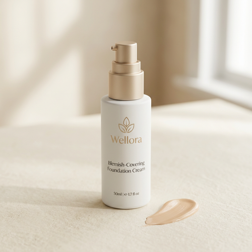 Wellora Blemish-Covering Foundation Cream 50ml - elegant white pump bottle with champagne gold accents